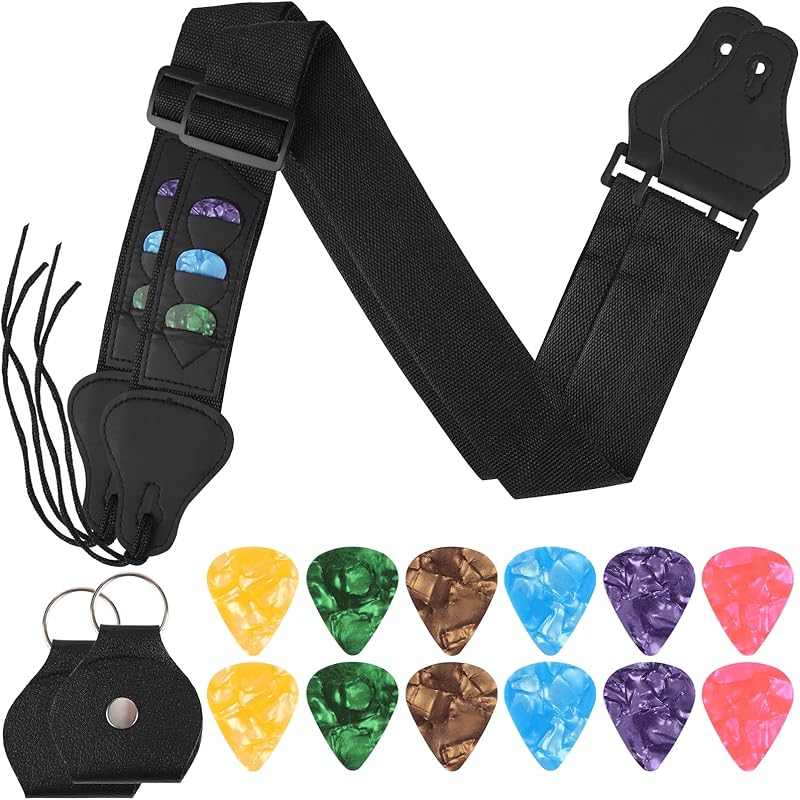 Guitar Strap with 3 Pick Holders, Includes 6 Guitar Picks and a pick box- Adjustable for Acoustic Electric Guitar