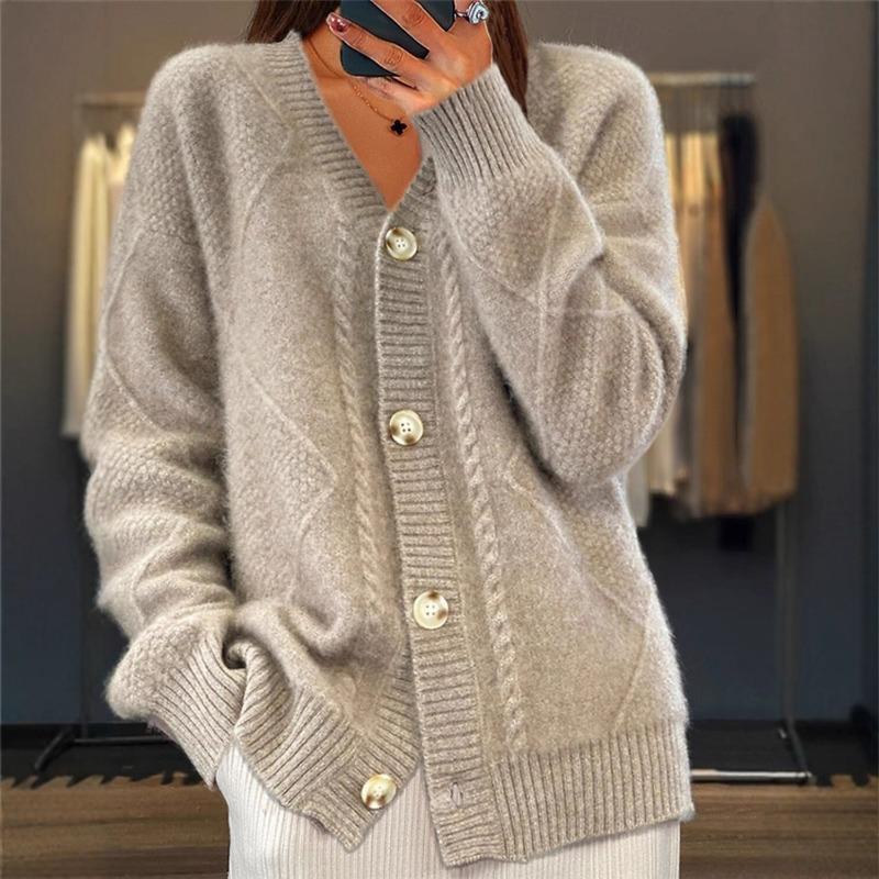 Solid Color Long Sleeve V Neck Button Knit Cardigan Women Sweater Outerwear