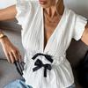 Women's summer vacation style European and American short-sleeved shirt bow cardigan shirt women's