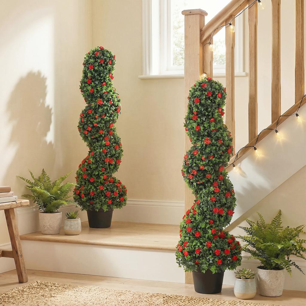 Artificial Rose Spiral Topiary Tree Set of 2, Indoor Outdoor Fake Plants with 630 Leaves, 90cm