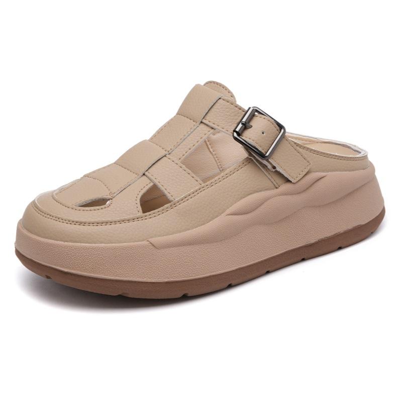 Baotou slippers women s fashion high-end sense with skirts summer new leather half-drag hollow cool slippers 40 абрикосовый