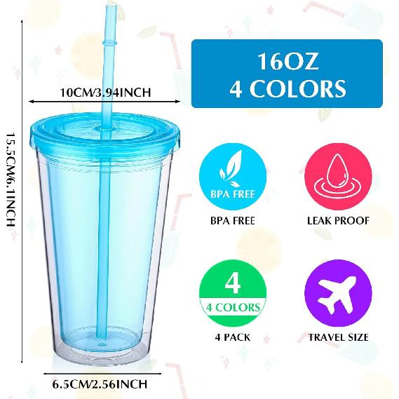 Nuogo 4 Pieces Insulated Double Wall Plastic Tumbler with Lids and Straws Reusable Transparent Plastic Cup 16 oz Tumbler Bulk for Coffee Drinks Milk