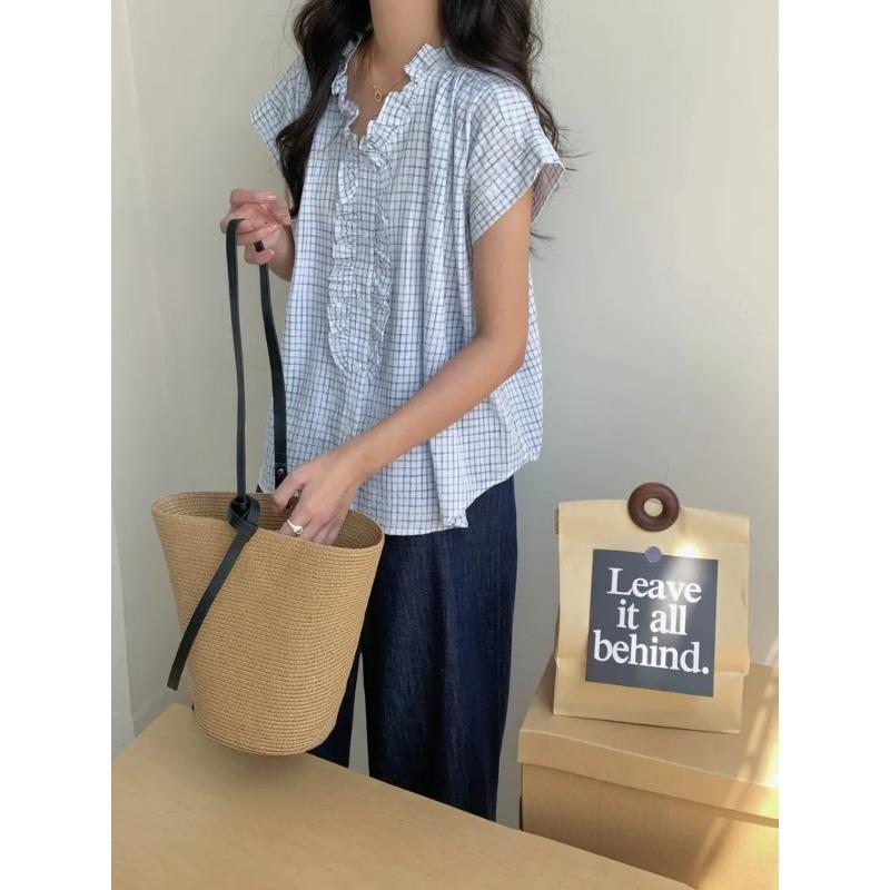 Women's Navy Blue Plaid Blouse Ruffle Trim V-Neck Short Sleeve Loose Fit Casual Top