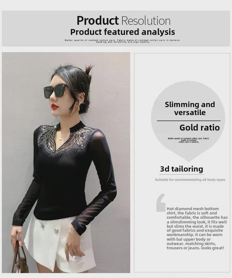 Bluză de toamnă 2023 de designer, slim fit, cu mâneci lungi, cu detalii hot diamond pentru femei