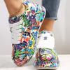 Adidași de damă la modă cu talpă groasă, cu înălțime sporită, adidași de damă noi, graffiti pictat manual, pantofi albi de damă, pantofi casual de exterior, mărime plus