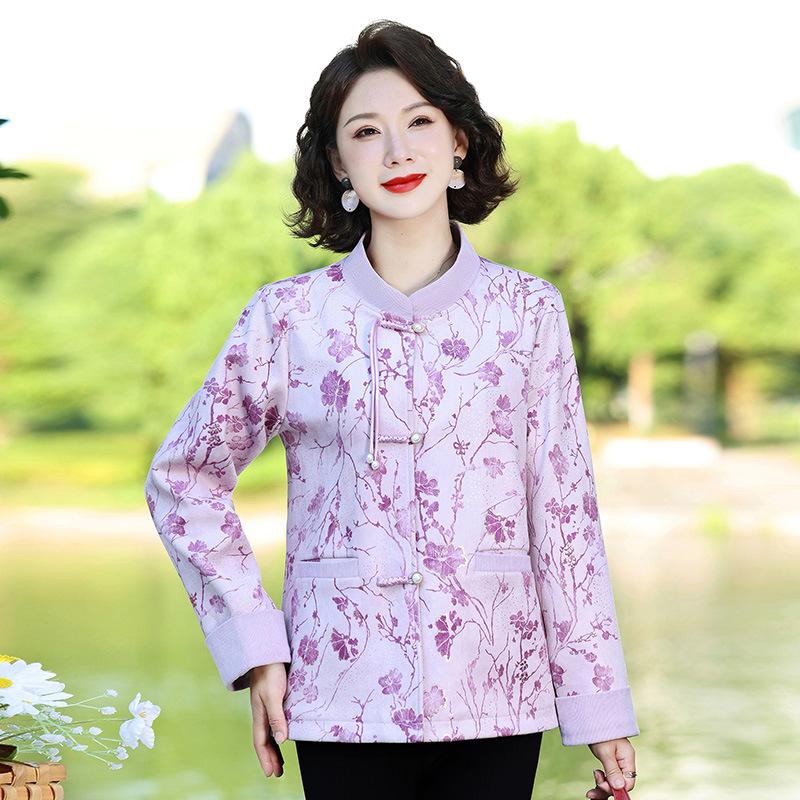 

Stylish Spring-Autumn Chinese Tang Suit Windbreaker for Middle-Aged Women 2XL (105-120 lbs) лист/фіолетовий