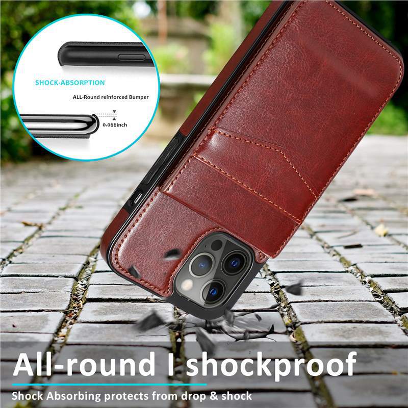 Suitable for iPhone 17 phone case, Apple 16E crazy horse pattern solid color card slot stand anti-drop phone protective case