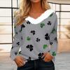 Women's Loose Casual Long Sleeved Printed Plush Collar V Neck Top, Long Sleeved Top