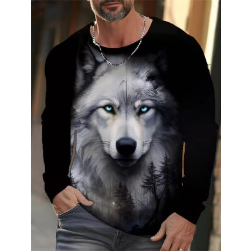 Round Neck 3D Animal Wolf Pattern Printed Top Fashionable Casual Long Sleeved Men's T-shirts