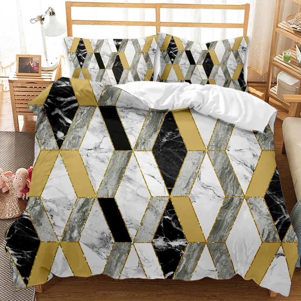 Marmor Dynetrekksett Svart Hvit Gull Abstrakt Marmortekstur Trykt Svart Hvit Dobbel Queen King Size Polyester Sengetøysett