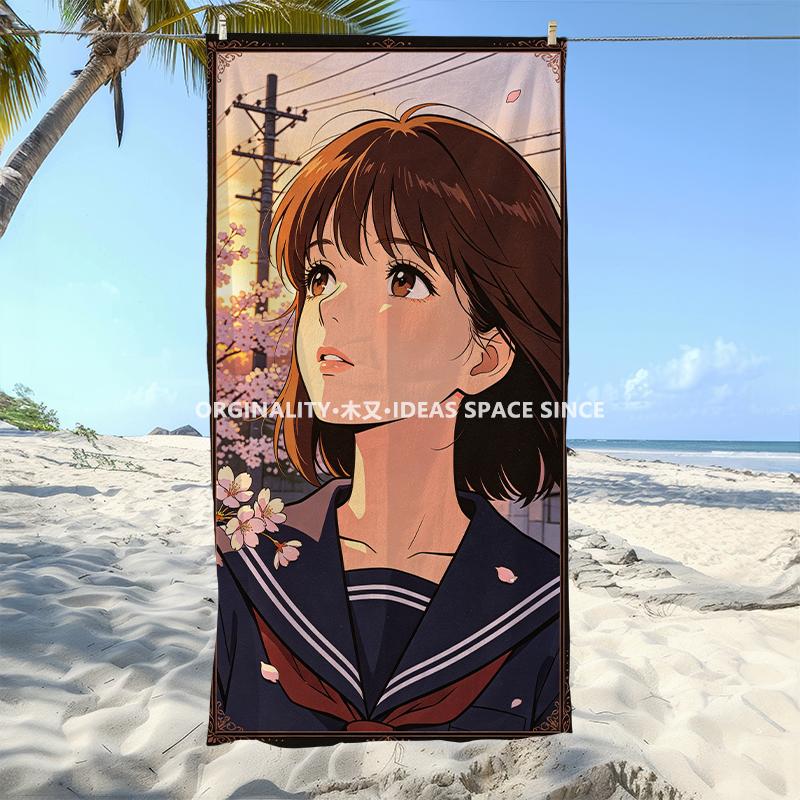 Sakura Anime Girl Beach Towel Patterned Sunscreen And Windproof Suitable For Swimming Pool Camping Travel Blanket