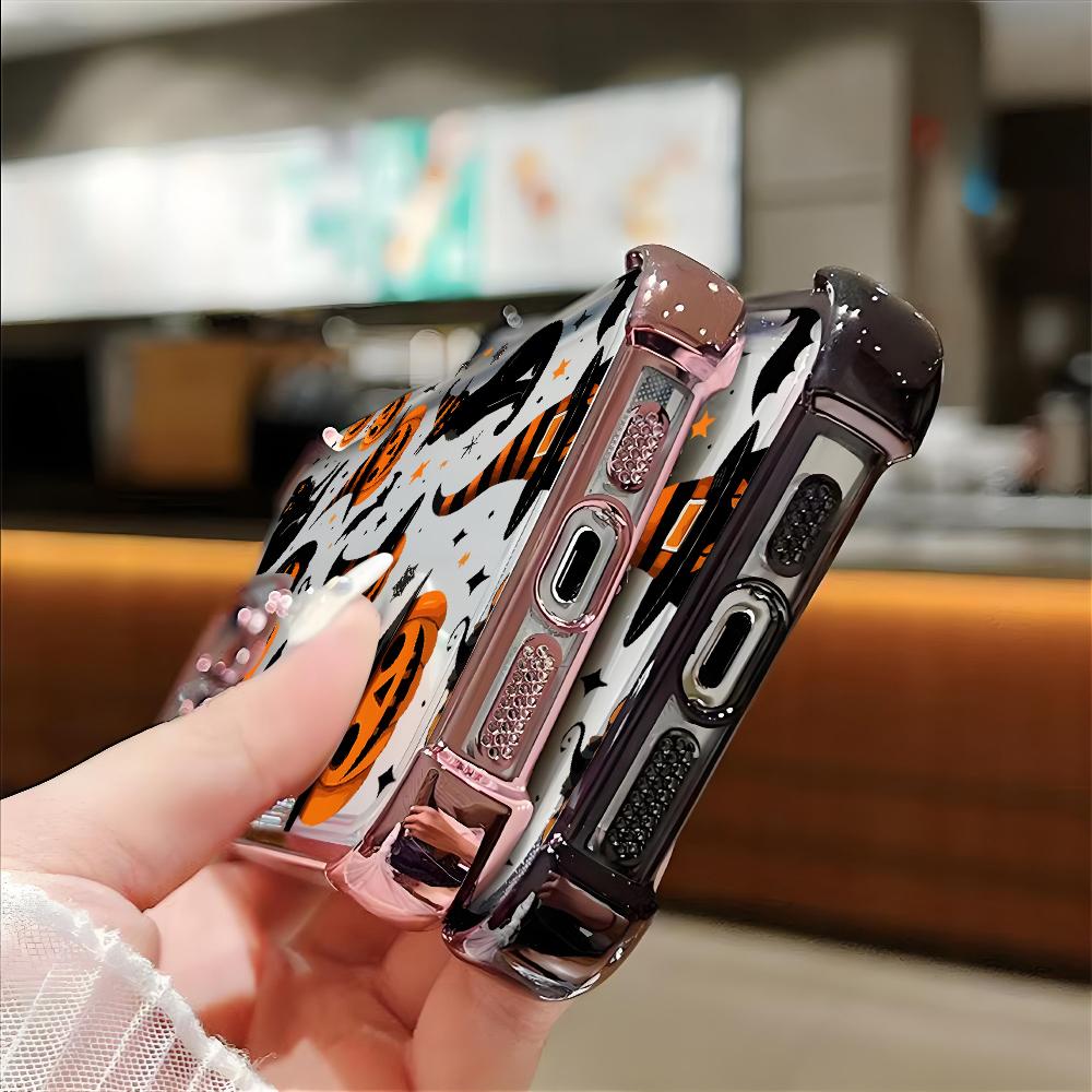 Halloween Black Cat Pumpkin Bat Pattern Phone Case For iPhone 17 16 15 14 13 12 11 Pro Max 15 16 Plus 17Air Airbag Plating Cover
