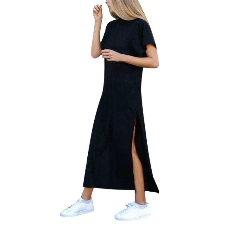 Women Long Dresses Cotton Side High Slit Short Sleeves Turtleneck Clothing Vestidos