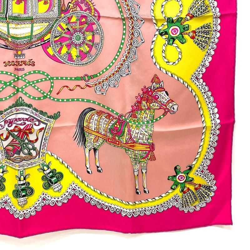 [USED]It HERMES Carre 90 Scarf and 90x90 Pink Lime Green Silk E1 [Buy Now] [PAPEROLES (Paperoles/Carriage Nobleman)] 100%