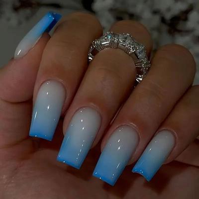 24 STUKS Press-On Nagels Vierkant Gradiënt Blauw Nep Nagels Met Lange Acryl Glans Volledig Bedekte Nagels, Dagelijkse Wear Voor Vrouwen En Meisjes