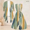 Women Plus Size Two Piece Dress Set 3 4 Sleeve Open Front Cardigan Sleeveless Round Neck Tie Waist Flared Dress Blue Black Printed