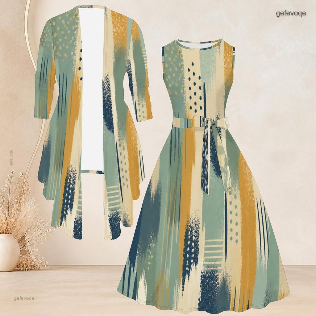 Women Plus Size Two Piece Dress Set 3 4 Sleeve Open Front Cardigan Sleeveless Round Neck Tie Waist Flared Dress Blue Black Printed