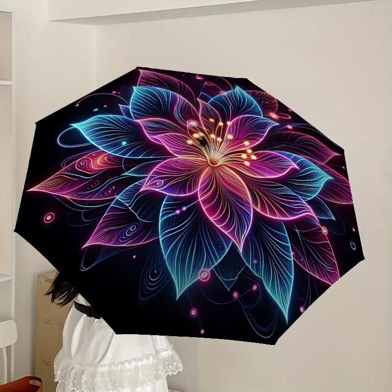 1pc Neon Lotus Fashionable Automatic Opening/Closing Folding Umbrella with 8 Iron Bones, Plastic Handle yy251015006