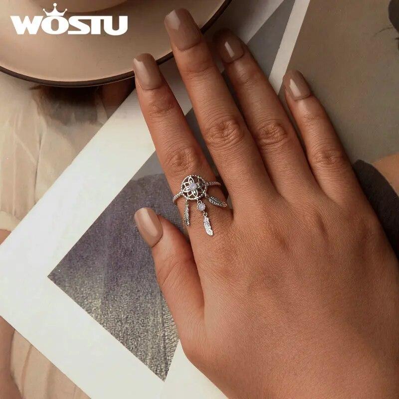 WOSTU 925 Sterling Silver Dreamcatcher Open Ring With Nano Opal Stone For Women Wedding Lucky Gift Fine Jewelry Boho Style