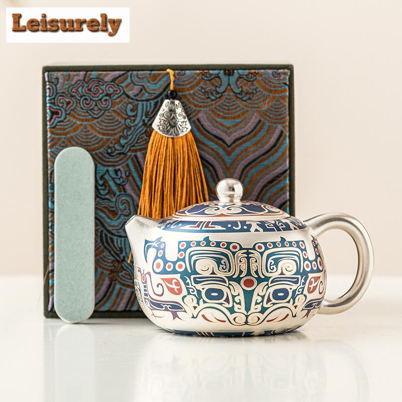 High End 999 Gilded Silver Teapot Boutique Taotie Pattern Xishi Pot Tea Making Kettle With Ball Hole Filter Tea Accessories Gift