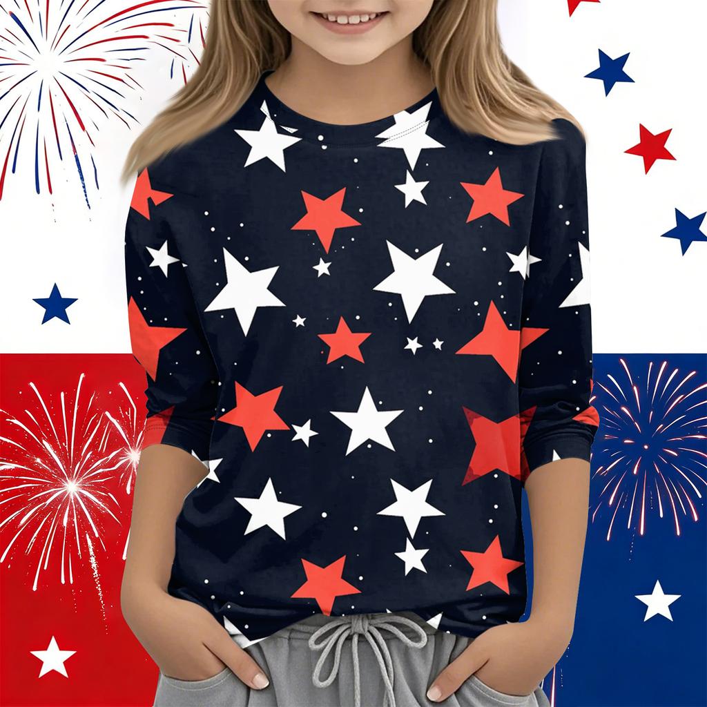 Print-Oberteile für junge Mädchen Rundhals 3/4-Ärmel T-Shirts Trendige Oberteile Outfit-T-Shirts Unabhängigkeitstag