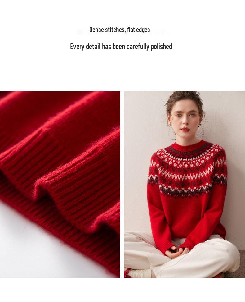 2025 Autumn/Winter Women's Fair Isle Cashmere Knit Sweater: Thick, Loose, Round Neck, Long Sleeve Base Layer.