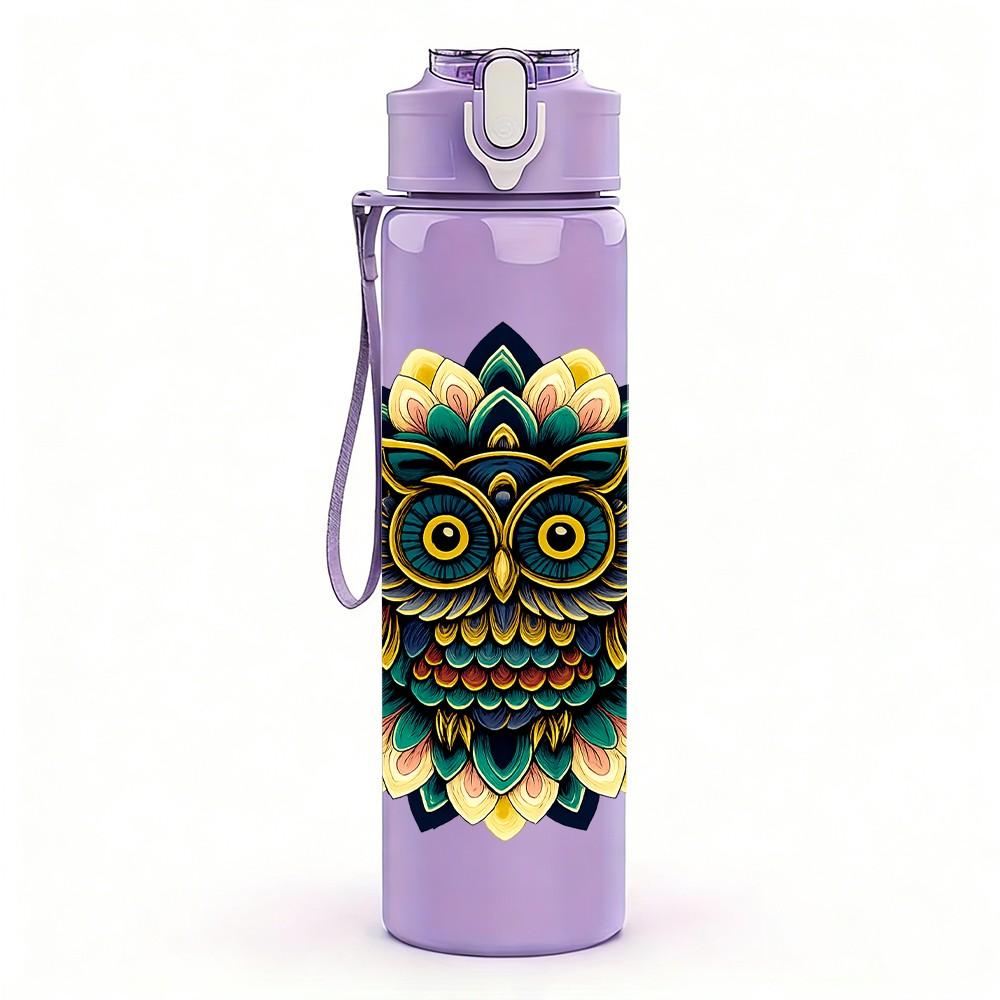 1PC Colorful Owl Mandala Pattern 750ml Color Plastic Sports Water Bottle Leakproof Flip Straw Lid Suitable for Sports Office Home Use