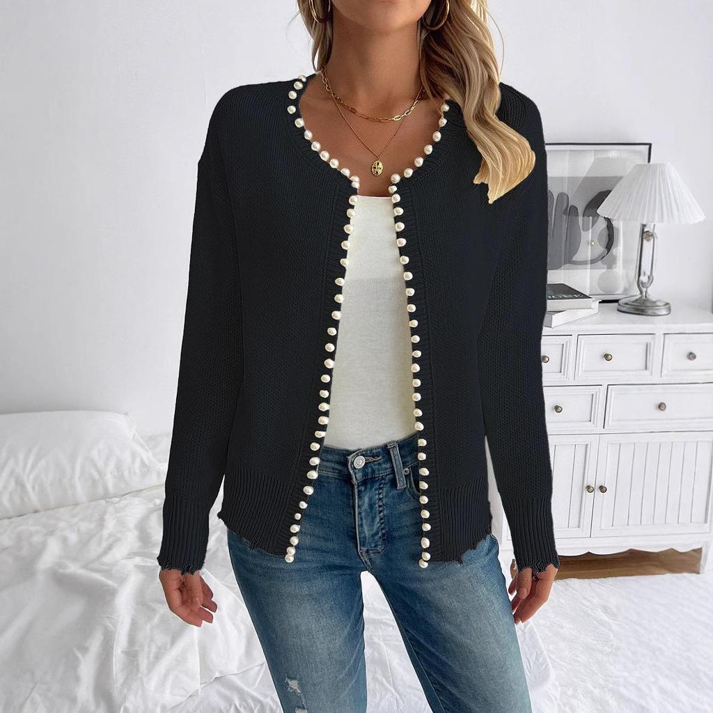 2024 European & American Casual Pearl Round Neck Long Sleeve Black Cardigan Coat