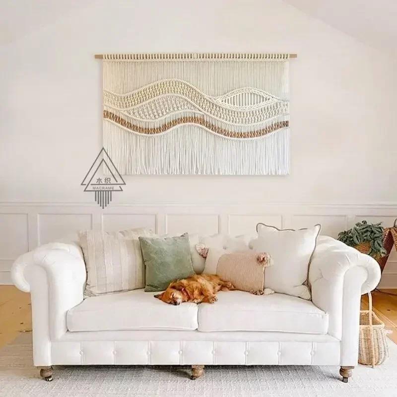 Living Room Sofa Bedside Decorative Tapestry Handwoven Wooden Bead Wave Wall Decoration Room Partition Blocking Door Curtain