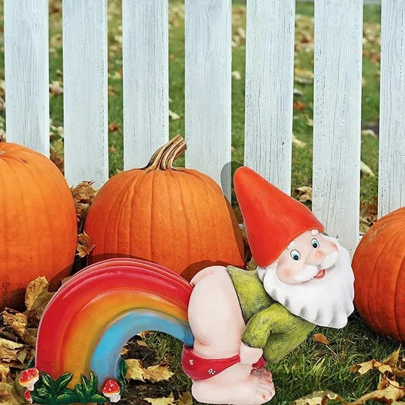 Lucky Garden Rainbow Fart Dwarf Gnome Micro Landscape Crafts Gnome Ornament Funny Dwarf Throw Up Statue Bonsai Home Decor