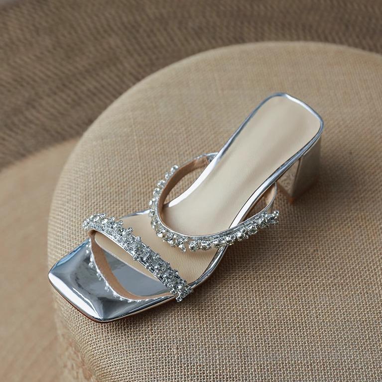 Sandals women's summer square head high heels thick heel rhinestone word with sandals open toe temperament celebrity style slippers