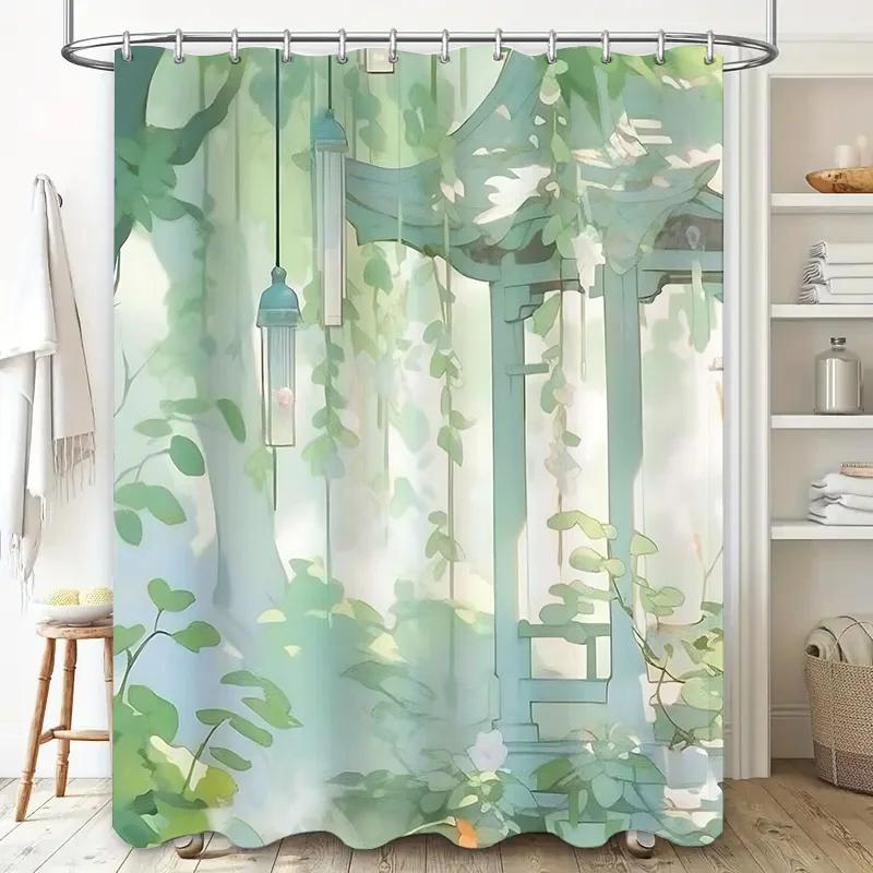 

Elegant Green Leaf Shower Curtain For Bathroom - Nature Inspired Design Waterproof And Durable Chinese Ancient Style Design W60H190(CM)-1 Pcs