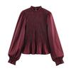 European and American Women's Clothing 1116 Spring New Product Stand-up Collar Honeycomb Plaid Versatile Horn Sleeve Long-sleeved Shirt Top Women