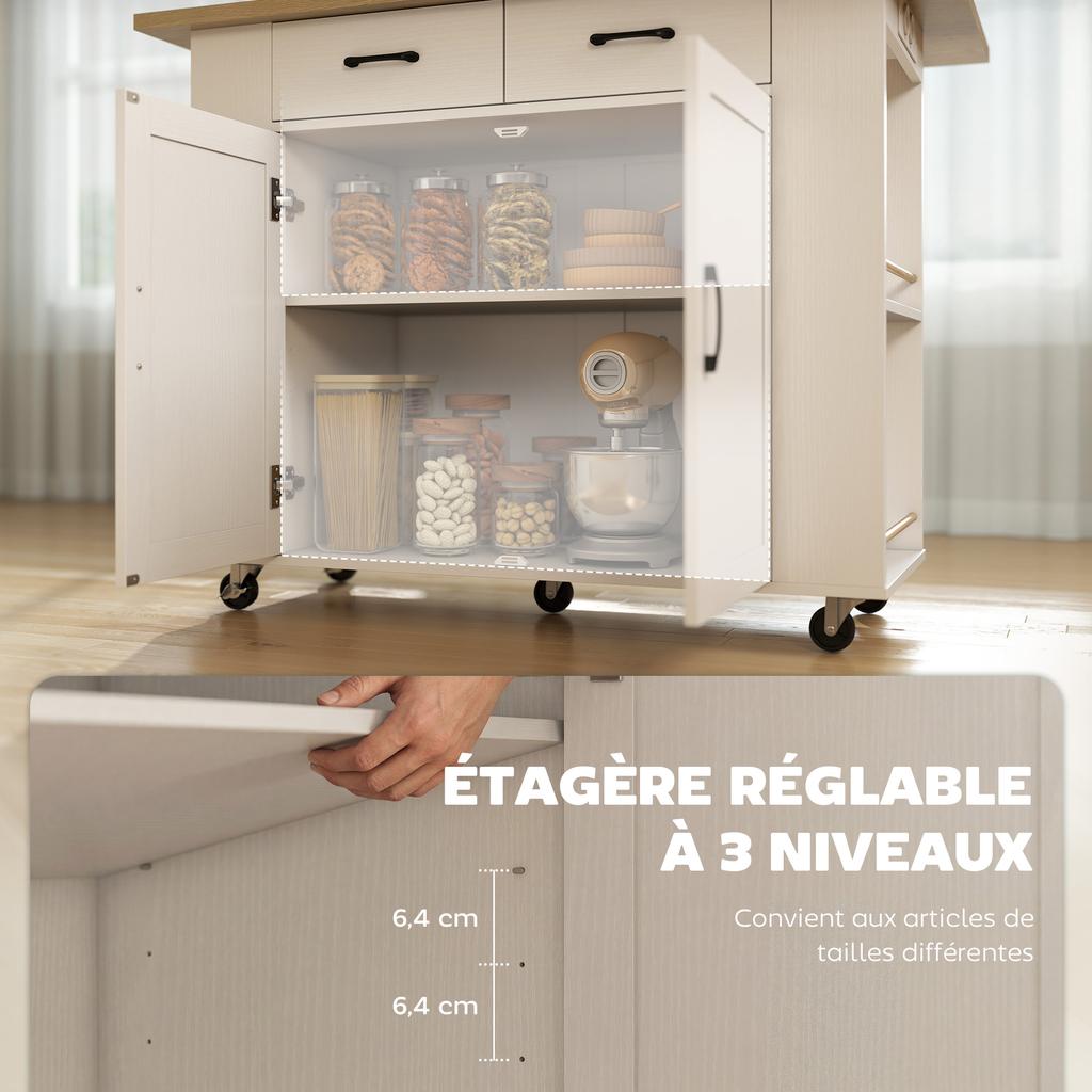 Isola Cucina con Stazione di Ricarica, Carrello da Cucina su Ruote con Piano di Lavoro Pieghevole, 2 Cassetti, Bianco