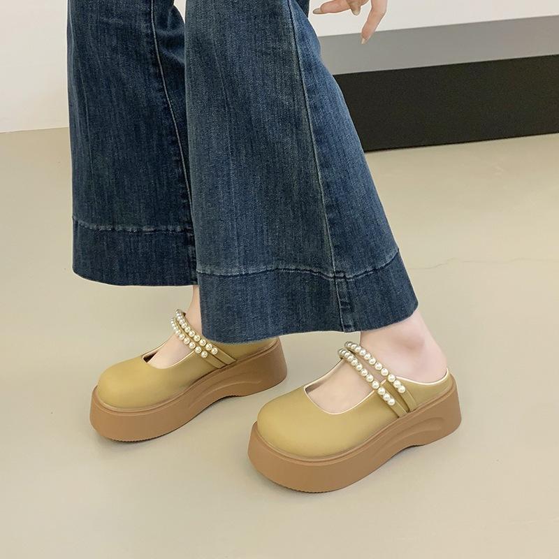 French Baotou Pearl Half Slippers Women Wear 2025 Summer New Fairy Wind Thick Bottom Mary Jane Cool Slippers