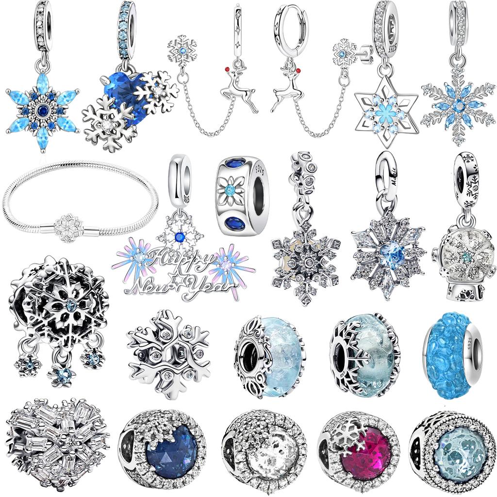 925 Silver Snowflake Charms with Crystal Ball Cat's Eye Beads for DIY Bracelet Necklace Jewelry Gift