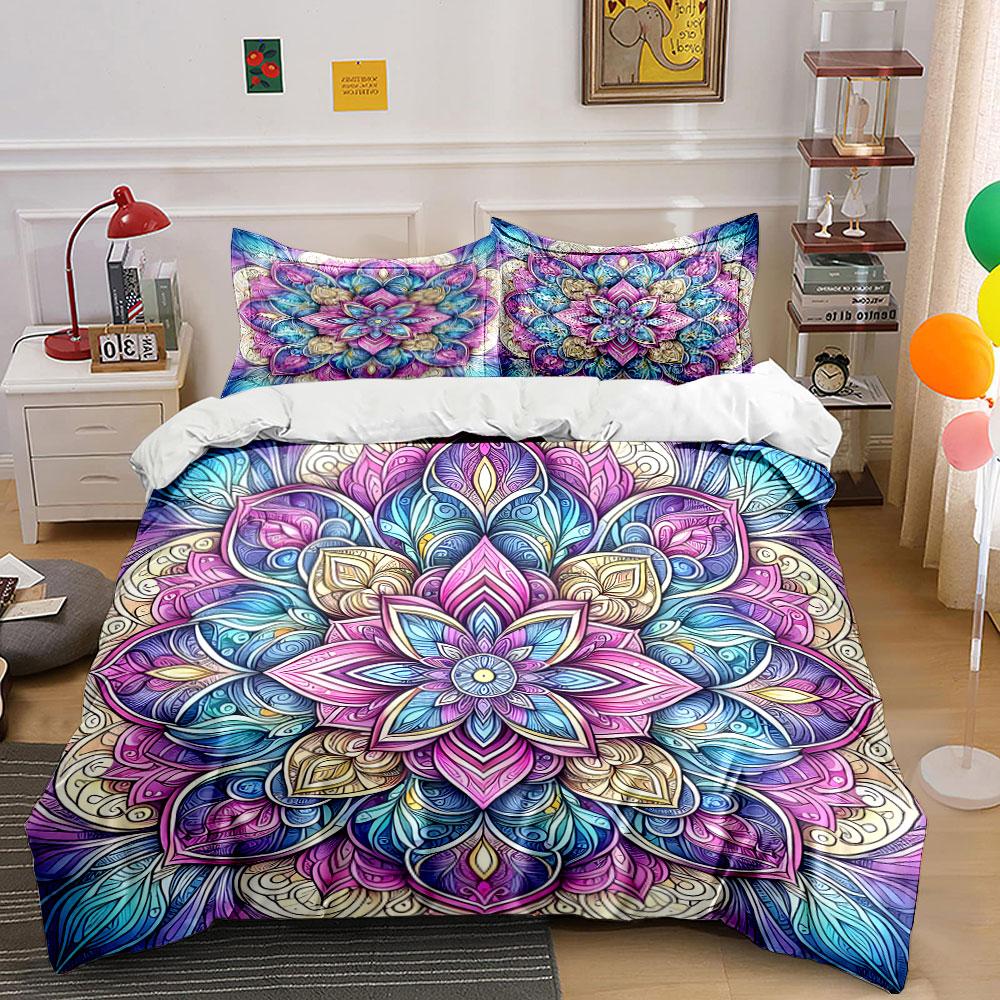 Mandala Art Three-Piece Decor Set Soft Skin-Friendly Bedding Set Includes 1 Duvet Cover And 2 Pillowcase Gift