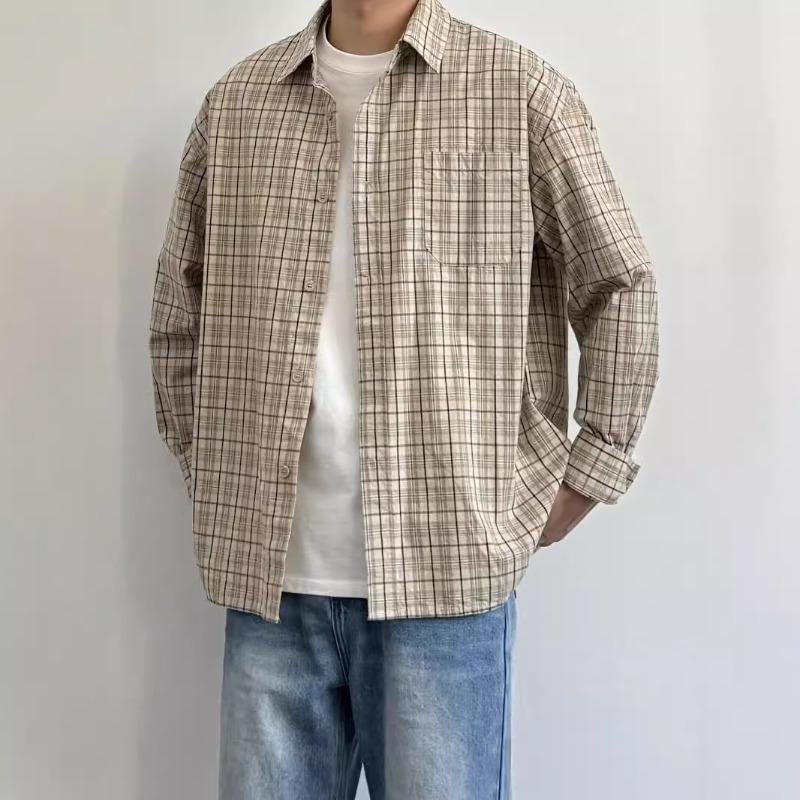 Autumn Plaid Long-sleeved Casual Shirt with High-end Versatile Hong Kong Style Men's Jacket