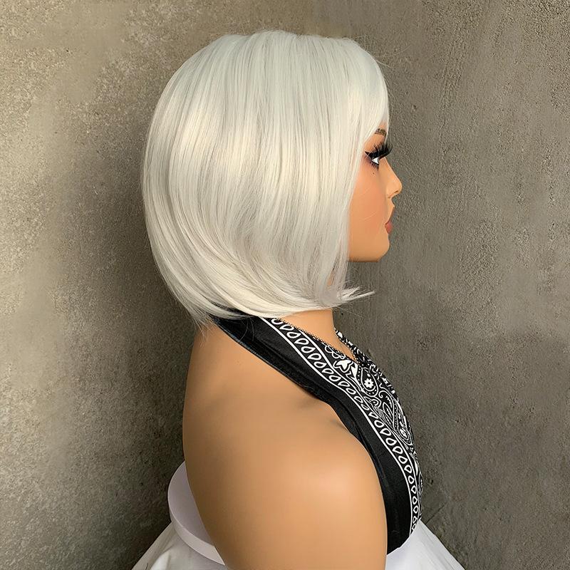Short Straight White Bob Wigs Women Golden Brown Synthetic Natural Hair with Bangs Heat Resistant Fibre Cosplay Daily Use