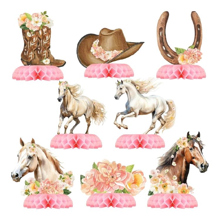 Pink Honeycomb Horse Centerpieces Set, 8 Piece Girl Birthday Table Decorations with Florals Horse, Horseshoes and Boot Pattern for Dessert Table