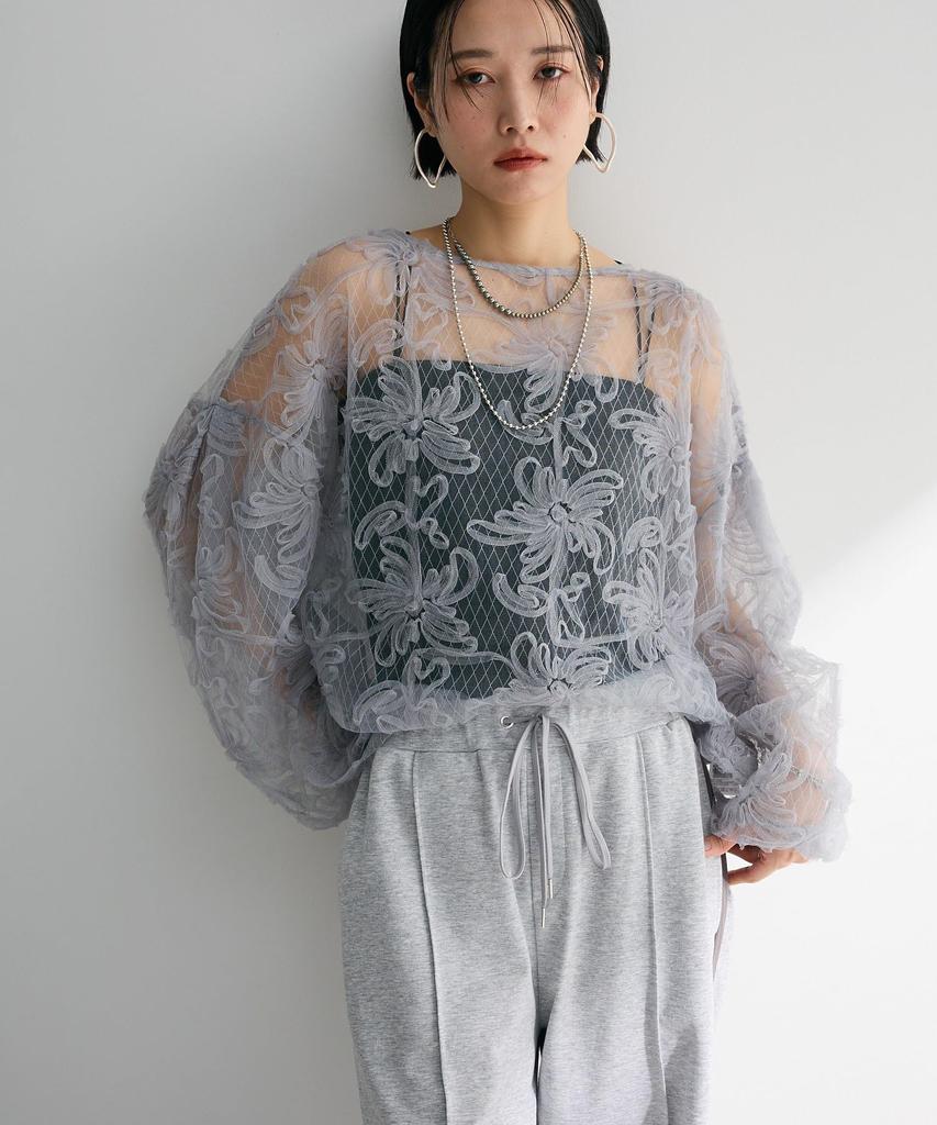 Casual tulle layered blouse for light gray [Green Parks] women,