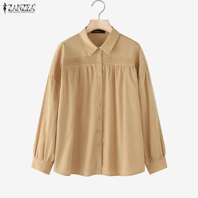 Women Casual Turn Down Collar Long Sleeve Loose Blouse