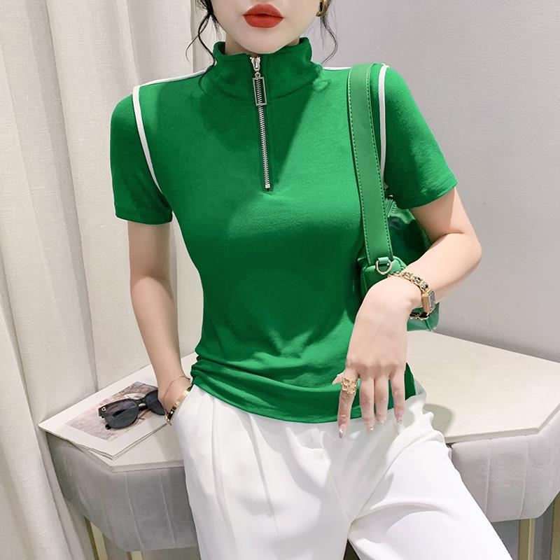 

Европейская женская футболка с воротником-стойкой и молнией до середины, летний дизайн 2023 года, универсальный топ с короткими рукавами XL зелёный