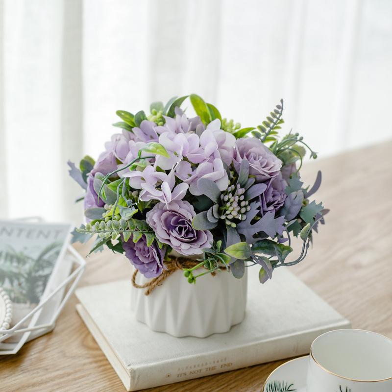Artificial Flowers with Small Ceramic Vase Faux Roses Plants Eucalyptus Leaves Berries Flower Arrangements Decorations for Home