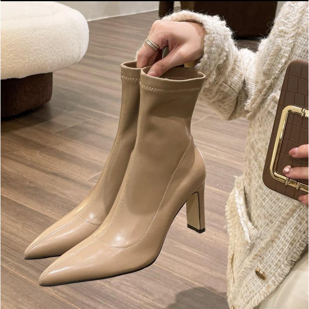 Short Boots Women's Spring and Autumn Single Boots Pointed Skinny Coarse Heel White High Heels Winter High Heel Boots French Boots