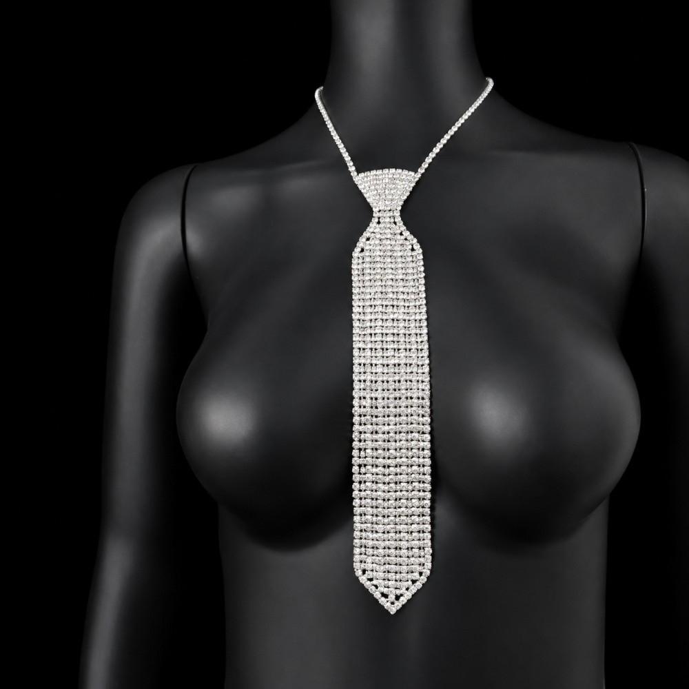 Silver Punk Neck Tie Adjustable Length Knot Free Necktie Crystal Necktie  Stage Costume Design