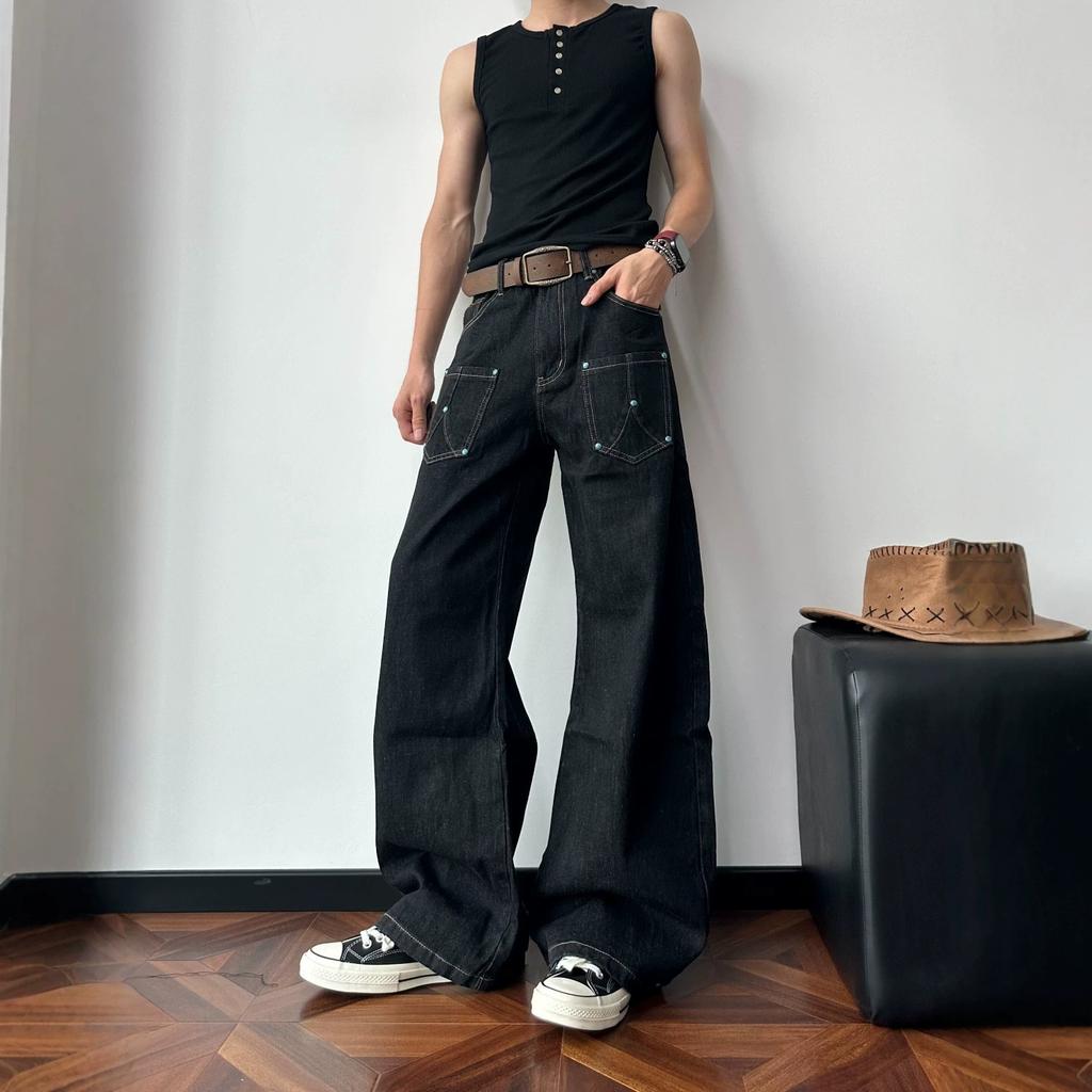 American Retro Bump Nail Primary Color Scimitar Jeans Men's Spring and Autumn High Street Loose Deconstruction Wide Leg Pants
