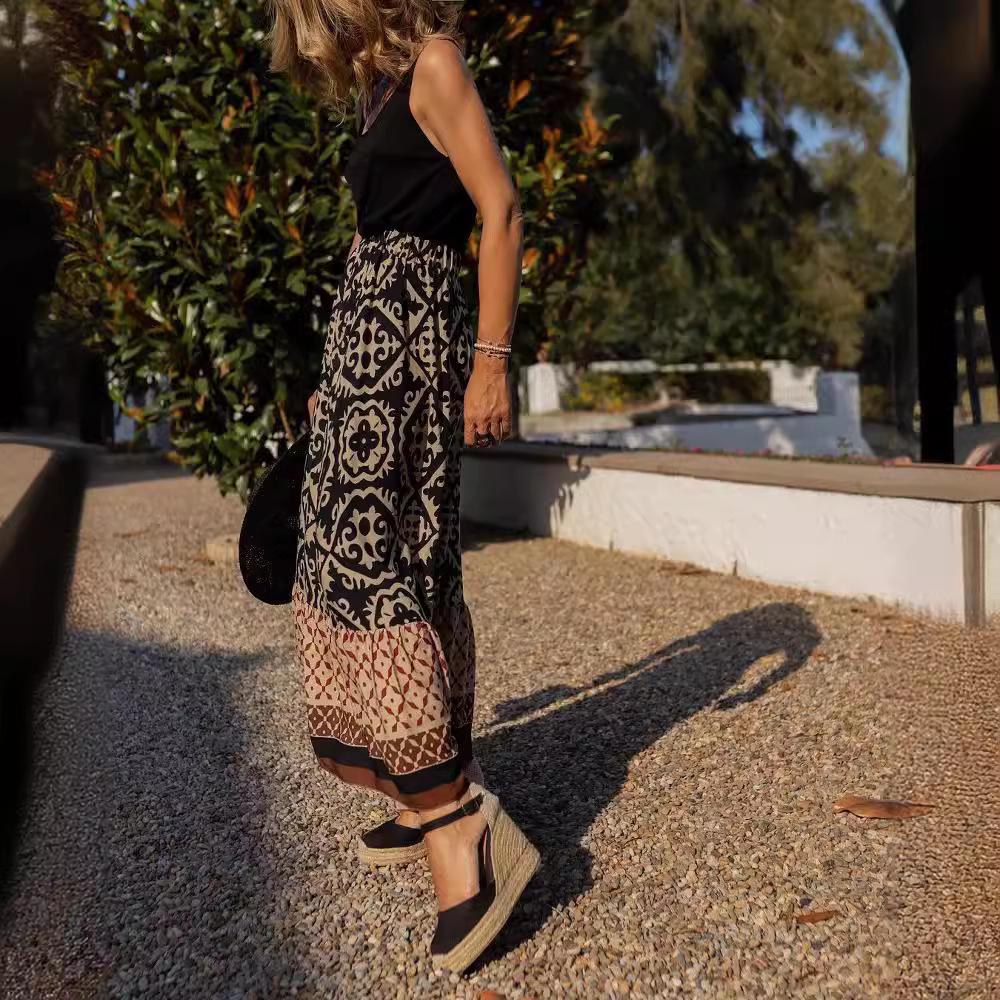 2024 Summer Women's European & American Loose Patchwork Print Maxi Skirt