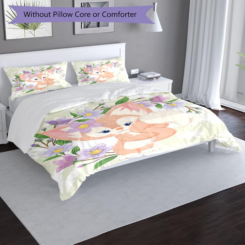 Fox Flowers Design Bed Bedding Set 1 Duvet Cover + 2 Pillowcases Soft Breathable Household Bed Linens