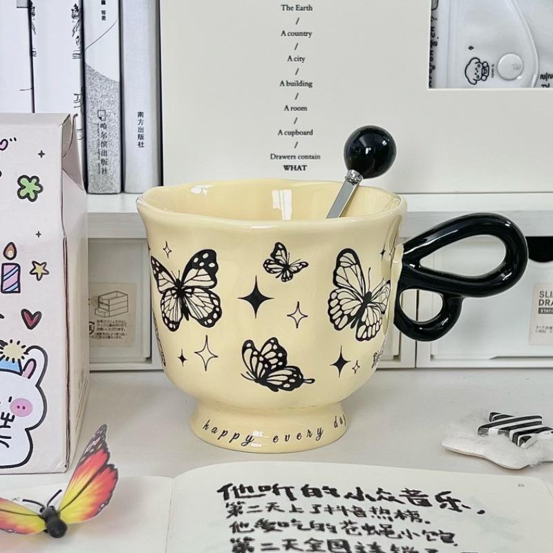 French Retro Butterfly Mug for Girls, High-end Coffee Cup, High-value Ceramic Water Cup, Birthday Gift for Girlfriends
